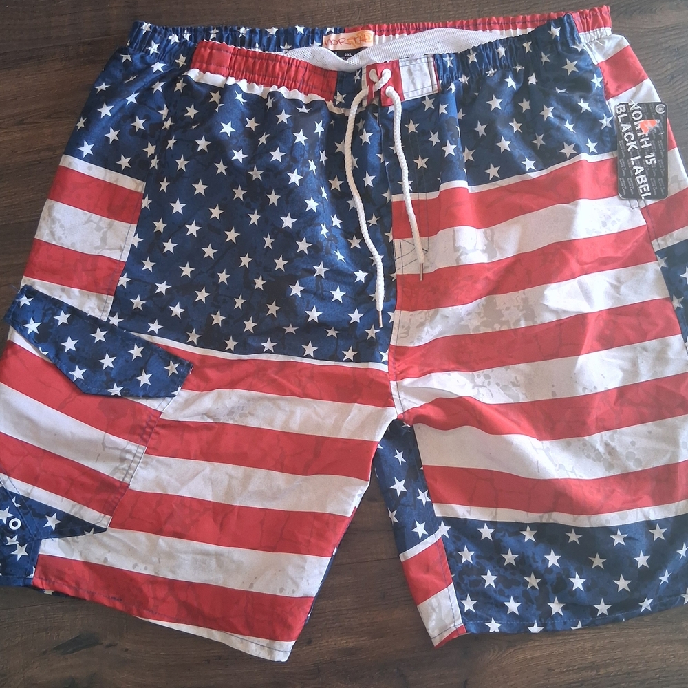 Black Label Men’s Patriotic American Flag Swim Board Shorts - Red, White & Blue